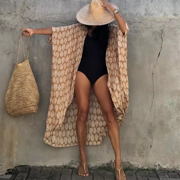 SOLD OUT Bohemian Leaf Pattern Kimono Swim Coverup Wrap Duster Robe - Picture 2 of 9